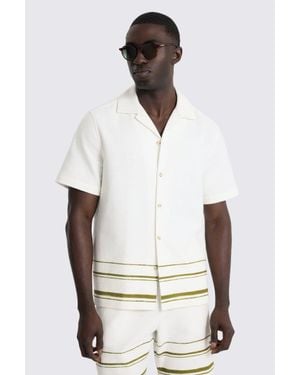 Moss Stripe Cotton Cuban Collar Shirt - Green
