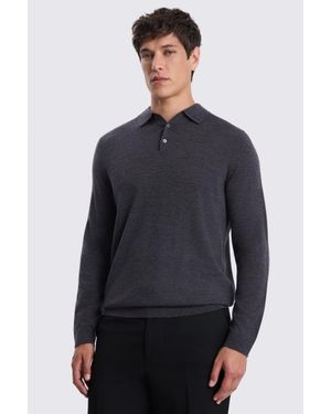 Moss Charcoal Merino Long-Sleeve Polo Shirt - Blue