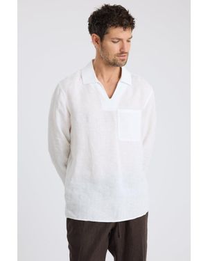 Moss Popover V-Neck Linen Shirt - White