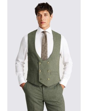 Moss Slim Fit Sage Herringbone Tweed Waistcoat - Green