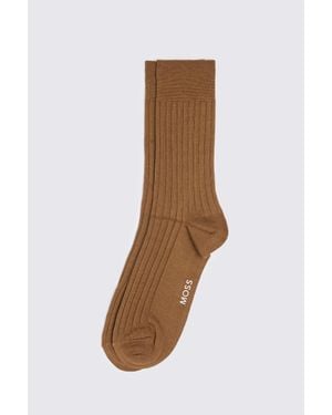 Moss Dark Sand Ribbed Mercerised Socks - Brown