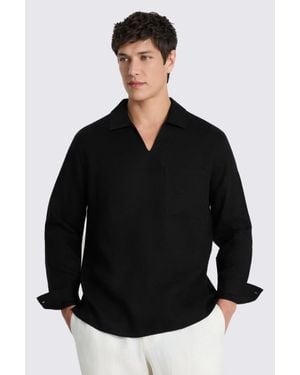 Moss Popover V-Neck Linen Shirt - Black