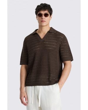 Moss Oversized Open-Knit Skipper Polo Shirt - Black