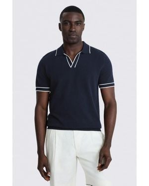 Moss Contrast Placket Cotton Skipper Polo Shirt - Blue
