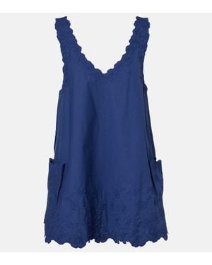 Juliet Dunn Floral Embroidered Cotton Poplin Minidress - Blue