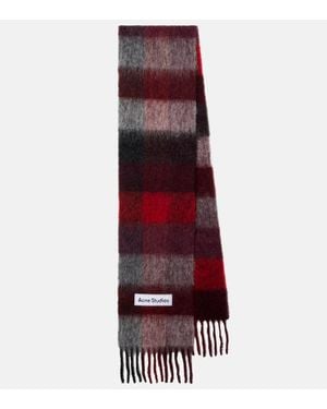 Acne Studios Checked Logo Fringed Wool-Blend Scarf - Red