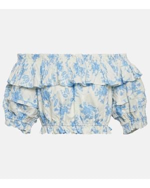LoveShackFancy Audrille Linen-Blend Cropped Top - Blue