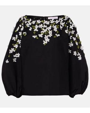 Carolina Herrera Floral-Applique Cotton-Blend Top - Black
