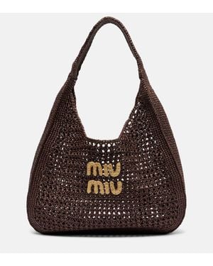 Miu Miu Large Logo Raffia-Effect Tote Bag - Brown