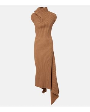 Victoria Beckham Draped Ribbed-Knit Wool-Blend Midi Dress - Brown