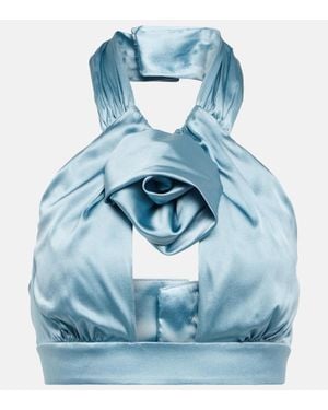Alessandra Rich Ruched Satin Crop Top - Blue
