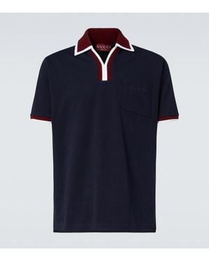 Gucci Contrast-Collar Logo-Embroidered Cotton-Pique Polo Shirt - Blue