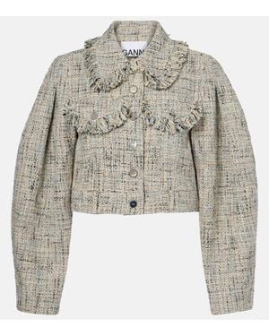 Ganni Cropped-Jacke Aus Baumwoll-Tweed - Blau