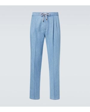 Brunello Cucinelli Pleated Cotton Straight Trousers - Blue