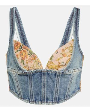 Alessandra Rich Floral Cropped Denim Bustier Top - Blue