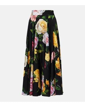 Dolce & Gabbana Peony And Rose- Charmeuse Calf-Length Circle Skirt - Black