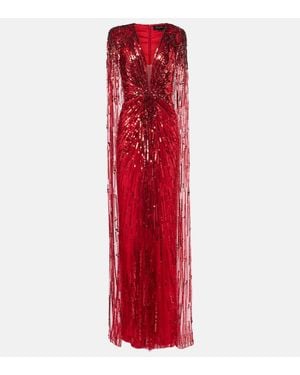 Jenny Packham Rush Sequined Caped Gown - Red