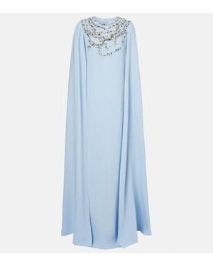 Oscar de la Renta Caped Embellished Silk-Blend Gown - Blue