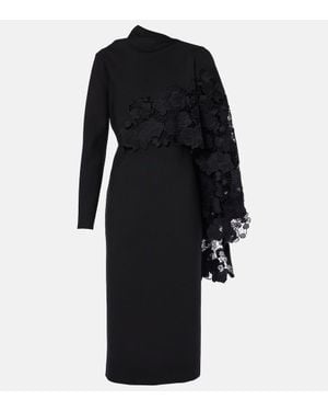 Oscar de la Renta Floral Guipure Wool Midi Dress - Black
