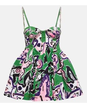 Area Pleated Floral-print Cotton-twill Mini Dress - Green
