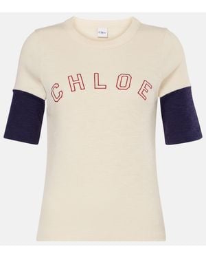Chloé Camiseta De Algodon Y Lana Con Logo - Neutro
