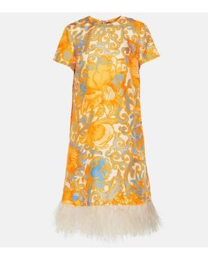 La DoubleJ Bedrucktes Minikleid Aus Seide Mit Federn - Gelb