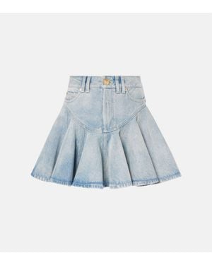 Balmain Pleated Denim Miniskirt - Blue