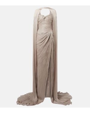 Marmar Halim Caped Gathered Pleated Silk Gown - Natural