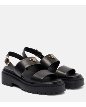 Prada Logo Leather Sandals - Black