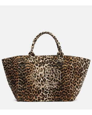 Ganni Large Leopard-Print Canvas Tote Bag - Brown