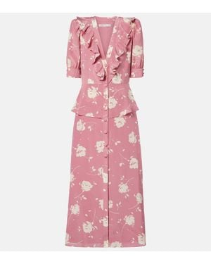 Alessandra Rich Floral Ruffled Silk Midi Dress - Pink