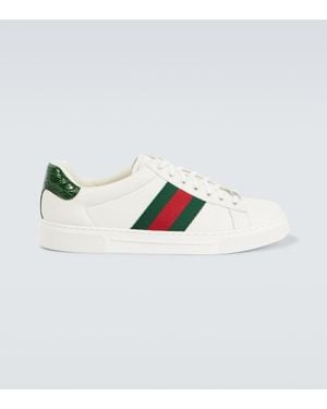 Gucci Ace Sneakers Aus Leder Mit Webbandbesätzen Und Plateau - Weiß
