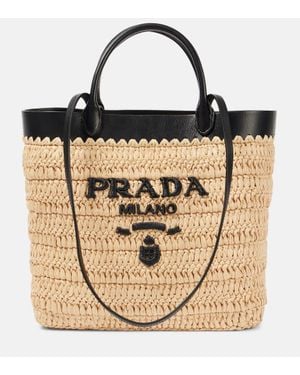 Prada Small Logo Raffia-Effect Tote Bag - Natural