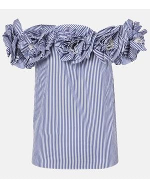Carolina Herrera Floral-Applique Striped Cotton Top - Blue