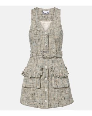 Ganni Belted Tweed Minidress - Grey
