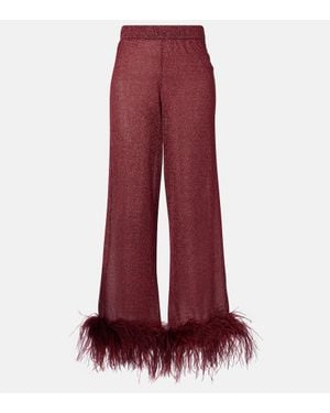 Oséree Lumiere Feather-Trimmed Wide-Leg Trousers - Red