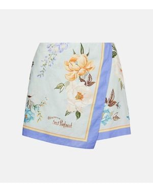 Self-Portrait Shorts De Lino Y Algodon Florales - Azul