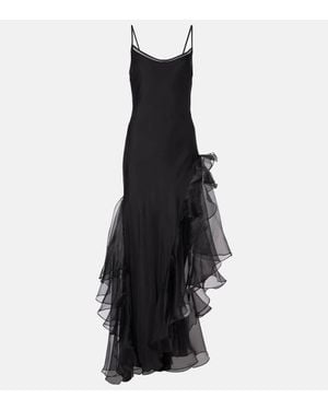 SIR. Sage Flounce Ruffled Sheer Silk Maxi Dress - Black