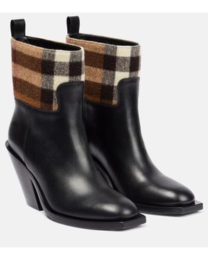 Burberry Check Panel Leather Ankle Boots - Black