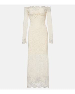 Rabanne Bridal Embellished Off-Shoulder Lace Midi Dress - Natural