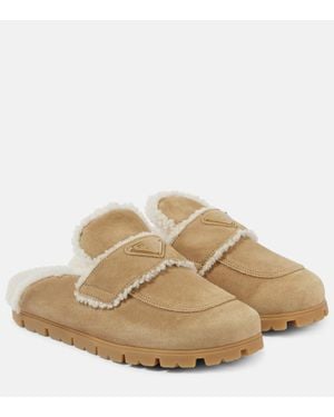 Prada Shearling-Lined Suede Mules - Natural