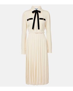 Prada Tie-neck Pleated Belted Shirt Dress - Natural