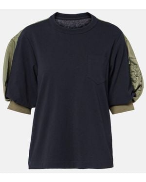 Sacai Twill-Trimmed Cotton Jersey T-Shirt - Blue