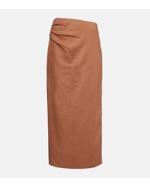 SIR. Asymmetric Ruched Linen Midi Skirt - Brown
