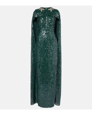 Erdem Sequined Georgette Caped Gown - Green