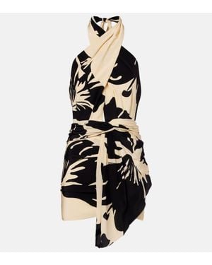 Johanna Ortiz Halterneck Floral Silk Minidress - Black
