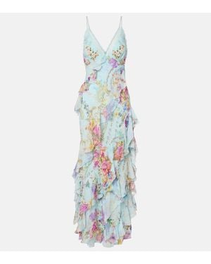 CAMILLA Floral Ruffled Silk Slip Dress - Blue