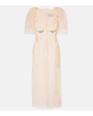 Simone Rocha Embellished Ruched Mesh Midi Dress - Natural