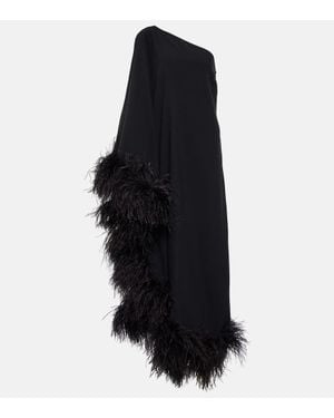 ‎Taller Marmo Ubud One-shoulder Feather-trimmed Midi Dress - Black