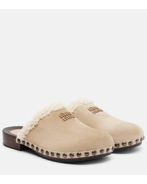 Miu Miu Shearling-Trimmed Suede Clogs - Natural